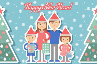 Mutlu aile ile Noel hediyeleri elinde. 