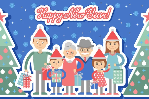 Big happy family with Christmas gifts in hands. — Stock Vector