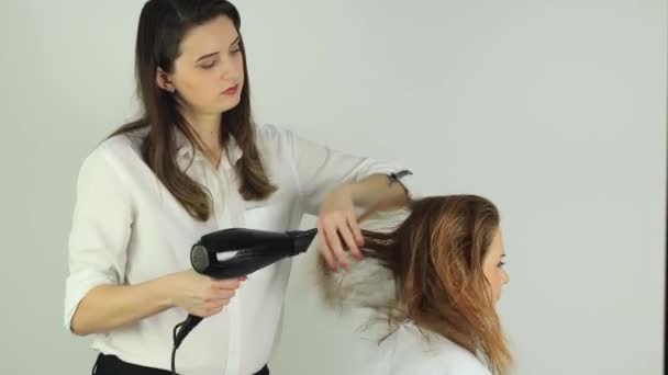 Stylist asciuga i capelli di una giovane ragazza — Video Stock