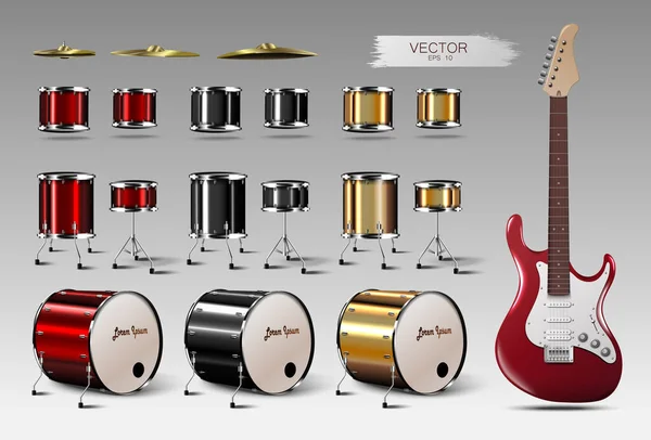 Conjunto Batería Realista Guitarra Eléctrica Ilustración Vectorial — Vector de stock
