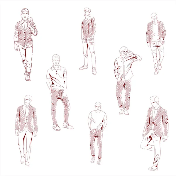Mode Und Stil Trendige Männer Modische Menschen Silhouetten Skizzen Von — Stockvektor