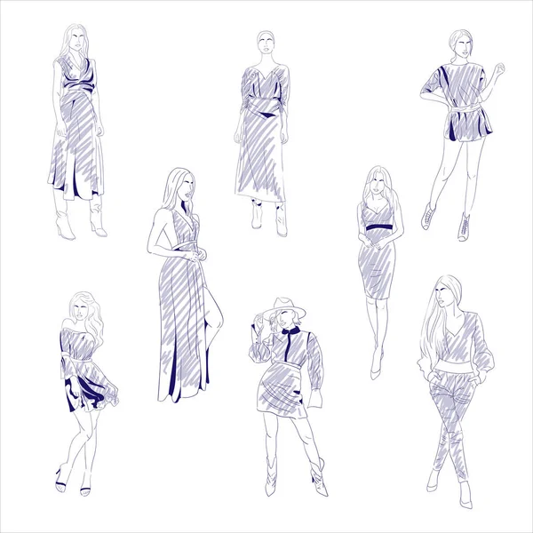 ファッションとスタイルトレンディーな女の子ファッションの人のシルエットファッションの女の子のスケッチのセット — ストックベクタ