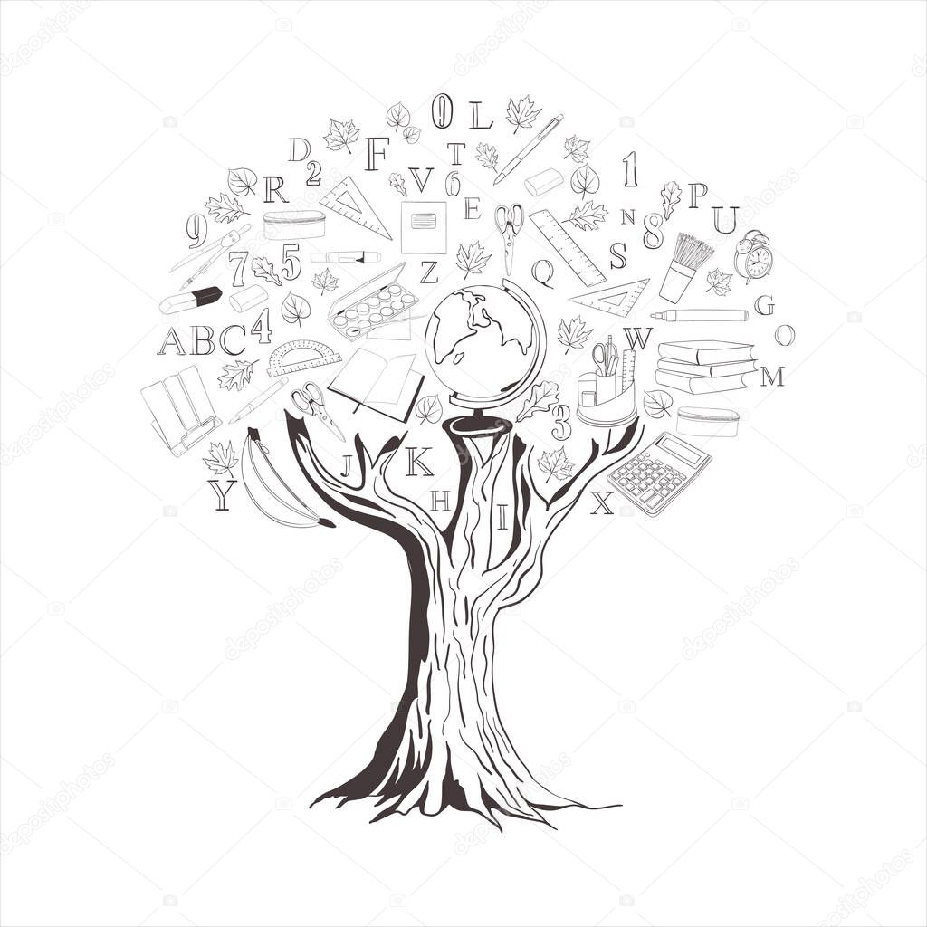knowledge tree, back to school, school subjects illustration