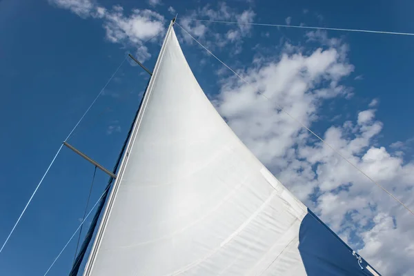 青い空に帆を張れ 白い帆は自由の象徴として光を旅する喜びです 公正な風と海の上のロマンチックな散歩 接近中だ 夏の晴れた日 — ストック写真