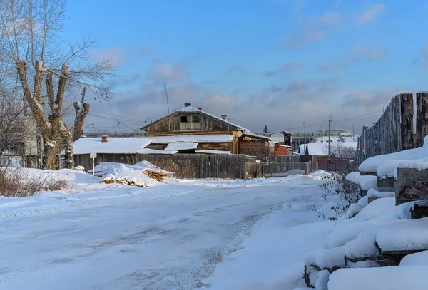 Winter Dorf Altes Haus Traditionellen Russischen Stil Mit Brennholz Und — Stockfoto