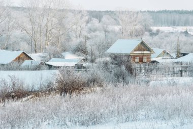 Buz gibi ahşap evleri, ormanı, çalıları, uzun otları olan kışın kırsal arazisi. Orta Urallar 'da çekilmiş sönük bir fotoğraf, Rusya. Sessizlik, düşünce ve uyum karlı bir doğada.