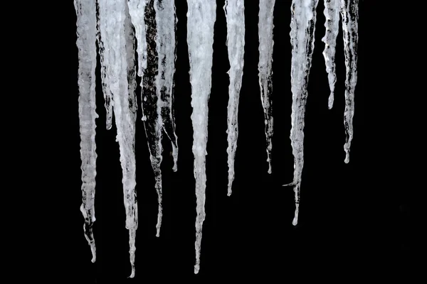 Icicles Black Close Textured Background Transparent Clear Icicles Various Lengths — Stock Fotó