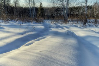 Karla kaplı yol, yakın plan monoton. Yakınlarda kar taneleri ve uzakta huş ağaçları görülebilir. Kış güneşli gün
