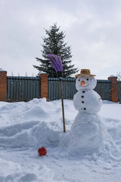 Ένας Χιονάνθρωπος Ψάθινο Καπέλο Και Μύτη Καρότου Στον Χειμερινό Κήπο — Φωτογραφία Αρχείου