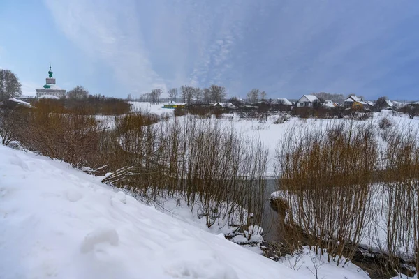 Winter Panoramic View High Mountain Valley Unfrozen River Snow Covered — Stock Photo, Image