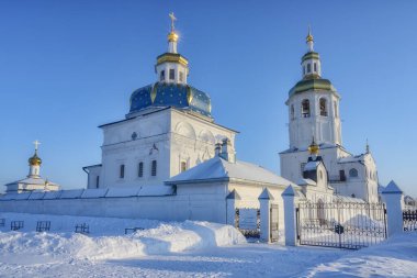Soğuk bir kış gününde altın kubbeli kiliselerin görüntüsü. Çitin üzerinde 
