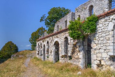 Ruins of an ancient fortress high in the mountains on a summer day. The historic stone walls of the fort are set against the backdrop of rich green trees and clear blue skies. New Athos (Abkhazia)  clipart