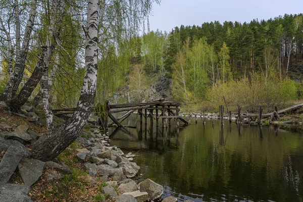 Widok Starego Zniszczonego Drewnianego Mostu Nad Rzeką Wiosenny Pochmurny Dzień — Zdjęcie stockowe