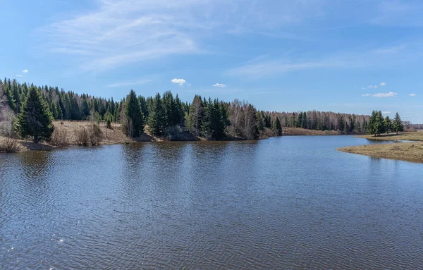 Wiosenny Krajobraz Rzeką Malowniczymi Brzegami Lasu Przeciwko Błękitnemu Niebu Białymi — Zdjęcie stockowe
