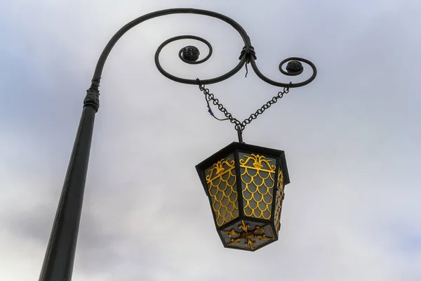 Street Lamp Gray Blue Sky Close Decorative Forged Lantern Tracery — Stock Photo, Image