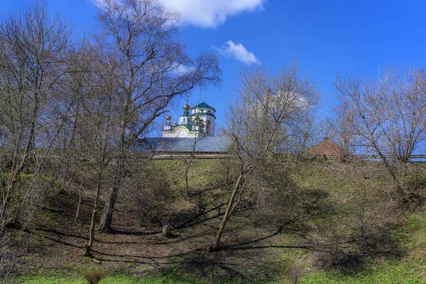 View Ancient Rural Church Sunny Spring Day Hilly Terrain Blue — Stock fotografie