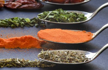 Karanlık masa için baharatlı kaşık, biber, kırmızı biber ve kekik.