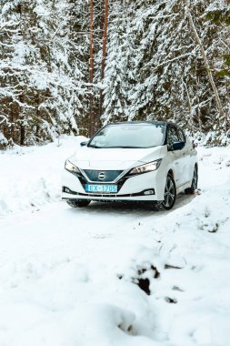 Aluksne, Letonya - 01.12.2021 metalik beyaz Nissan Yaprağı kışın karla kaplı ormanda araba kullanıyor. Nissan tarafından üretilen beş kapılı hatchback elektrikli araba.