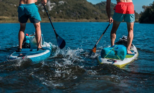 Young Athletic Competing Sup Stand Paddle Board River — Stock Photo, Image