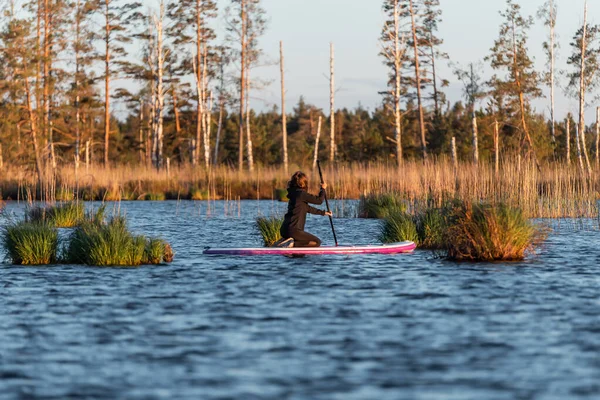 Genç atletik kadın gün batımında gölde spor yaparken ayakta sörf yapmayı seviyor. Yaz akşamı etkinliği