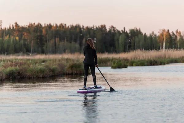 Egy Fiatal Sportoló Sup Csinál Napnyugtakor Evez Tavon Vagy Mocsárban — Stock Fotó