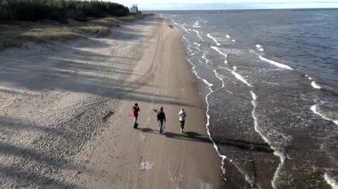 Group of young people riding onewheels, electric skateboards by the sea. 4K aerial drone view