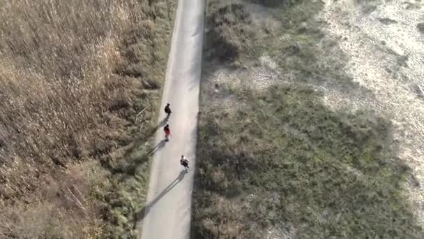 Group of young people riding onewheels, electric skateboards on a concrete bike trail in nature park. 4K aerial drone view — 图库视频影像