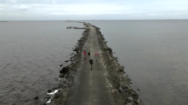 Junge Leute fahren mit Einrädern und Elektro-Skateboards den Steg entlang am Meer entlang. 4k Drohnen aus der Luft — Stockvideo