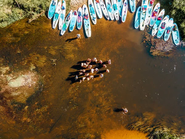 Massor Färgglada Sup Stå Upp Paddelbrädor Nära Floden Flod Solig — Stockfoto