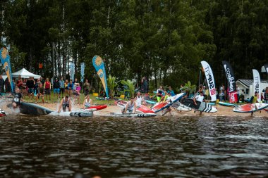 İnsanlar gölde SUP ile kürek çekiyor. SUP yarışması, yarış. muhteşem aktif açık hava eğlencesi.