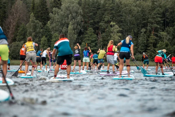 İnsanlar kürek çekip gölde kürek çekiyorlar. SUP yarışması, yarış. muhteşem aktif açık hava eğlencesi.