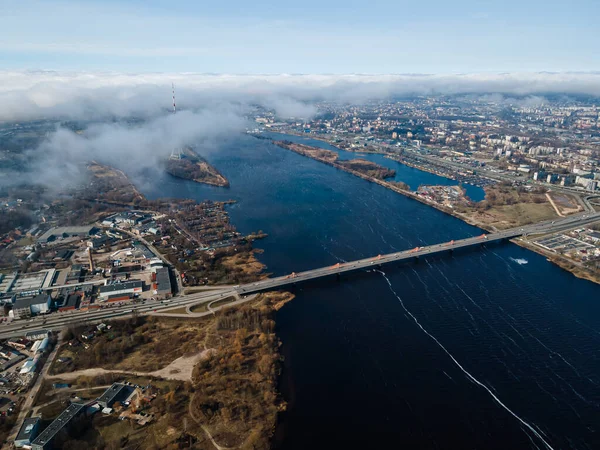 Ponte Sul Riga Sobre Rio Daugava Partir Drone — Fotografia de Stock