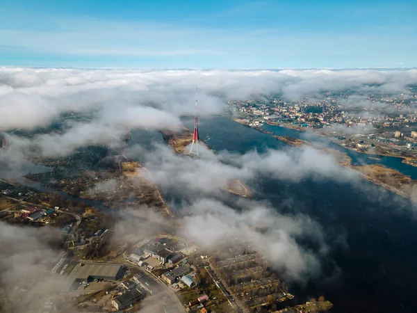 Vista Aérea Drone Para Rádio Riga Torre Riga Fundo Zakusala — Fotografia de Stock