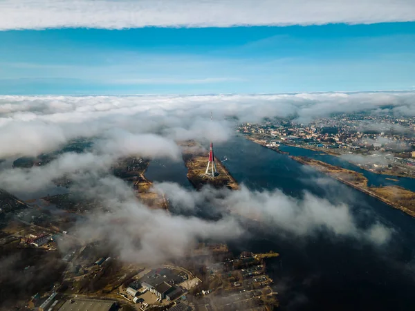 Vista Aérea Drone Para Rádio Riga Torre Riga Fundo Zakusala — Fotografia de Stock