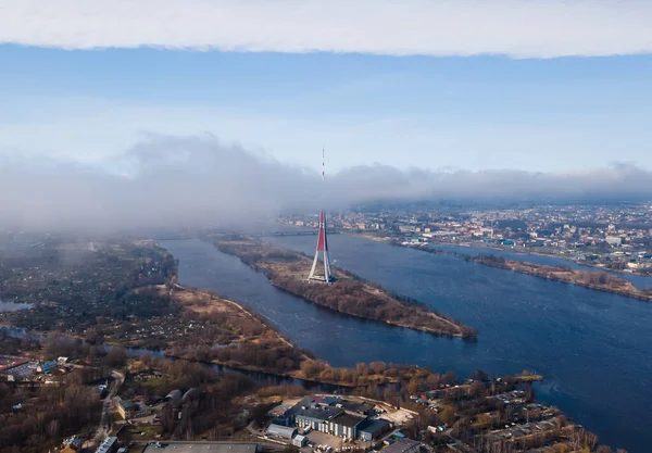 Vista Aérea Drone Para Rádio Riga Torre Riga Fundo Zakusala — Fotografia de Stock