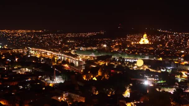 Tbilisi Och Georgia Top View Famous Landmarks Night Illuminations Georgiska — Stockvideo