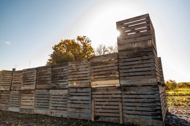 Çamurlu zeminden yükselen ahşap sandıklardan oluşan uzun bir duvar, uzun bir kule oluşturur. Akşamın geç saatlerinde ışık çatalları keser ve güçlü gölgeler bırakır..