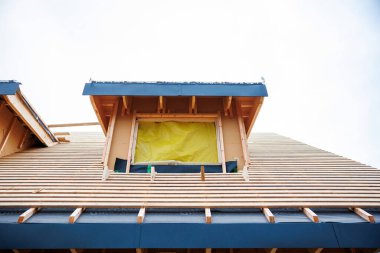 İnşaat halindeki bir evin çatısına yakından bakıldığında çatısı açık kirişleri, kınları, yarasaları ve mavi damlalı kenarları olan sarı film kaplı bir penceresi olan bir yatakhane görülüyor..