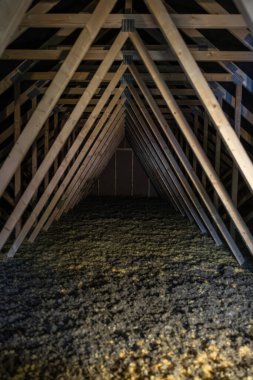 Ahşap kirişler ve yalıtım malzemeleriyle dolu dar tavan arası. Tekrarlayan kirişler ve metal gübre tabakaları, loş doğal ışığın gevşek dolgu yalıtımı boyunca ilerlediği bir tünel oluşturur..