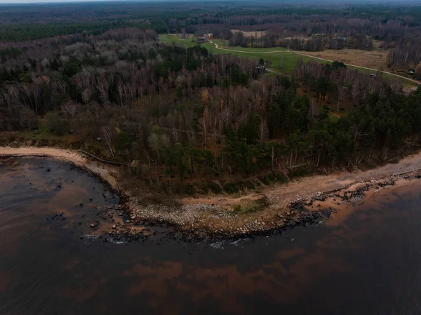 Alacakaranlıkta yayılan kavisli bir kaya parçası dar kum, karışık çam ve huş ağaçları, küçük çiftlikler, dolambaçlı bir şerit ve sonbaharın sonlarında aşınmış kayalıklar üzerinde koyu su gösterir..