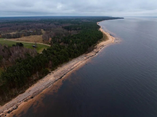 Hava görüntüsü soluk kum, çakıl taşı sörfü ve koyu kozalaklı bir ormanın yanında kayrak suyu dar bir kıyı yolu ve bulutlu bir öğleden sonra aydınlığı altında yalnız bir kulübe gösteriyor..