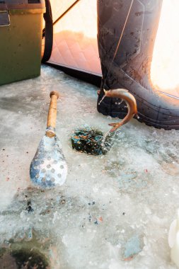 Küçük bir balık ıslak bir botun yanındaki buz deliğinden fırlar, su damlacıkları havada donar, bir buz kıracağı ve yeşil bir alet çantası soğuk kış günışığında buzlu buzun üzerinde dinlenir..