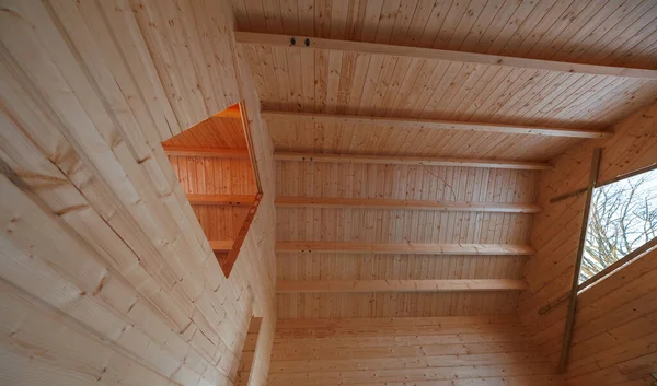 Dil ve oluklu kalasların yukarıdan görünüşü, kirişler açıkta, çatı katı sol, geniş destekli pencere sağ. Kırsal alanda, küçük bir çam kulübesinde gündüz inşaatı.