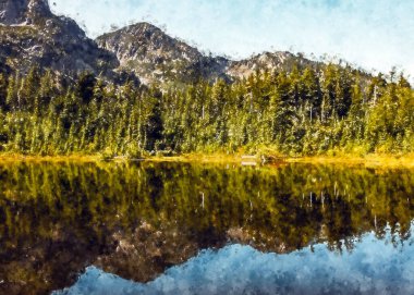 Ormandaki Dağların Rahatlatıcı Görünümünün Akrilik Dijital Boyası. Suluboya Orman Boyama Ağacı 'nın eli mürekkeple çizilmiş. Panorama manzaralı bir dağ çayırı. Ünlü Turistler Resim Tablosu Buldu