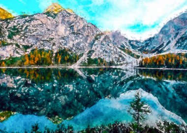 Ormandaki Dağların Rahatlatıcı Görünümünün Akrilik Dijital Boyası. Suluboya Orman Boyama Ağacı 'nın eli mürekkeple çizilmiş. Panorama manzaralı bir dağ çayırı. Ünlü Turistler Resim Tablosu Buldu