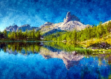 Ormandaki Dağların Rahatlatıcı Görünümünün Akrilik Dijital Boyası. Suluboya Orman Boyama Ağacı 'nın eli mürekkeple çizilmiş. Panorama manzaralı bir dağ çayırı. Ünlü Turistler Resim Tablosu Buldu