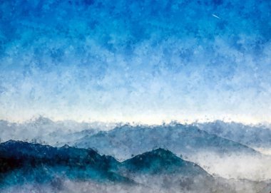 Ormandaki Dağların Rahatlatıcı Görünümünün Akrilik Dijital Boyası. Suluboya Orman Boyama Ağacı 'nın eli mürekkeple çizilmiş. Panorama manzaralı bir dağ çayırı. Ünlü Turistler Resim Tablosu Buldu