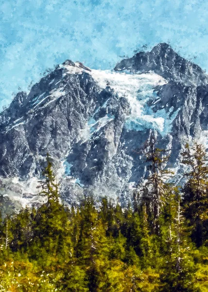森の中の山々のリラックスビューのアクリルデジタル絵画 水彩画の森インクで描かれた木の手 パノラマビューの山の牧草地 有名な観光客スポット絵画キャンバス — ストック写真