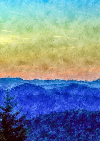 Akrylové Digitální Malování Relaxačního Výhledu Hory Lese Akvarel Malba Lesy — Stock fotografie