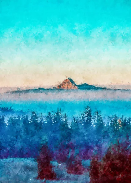 Acryl Digital Painting Von Entspannenden Blick Auf Die Berge Wald — Stockfoto